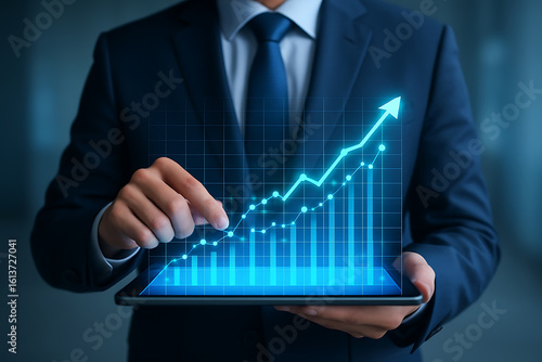 Businessman using tablet with digital growth chart, financial success, business analytics, upward trend, data visualization, performance metrics