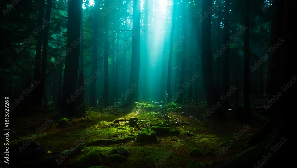 Naklejka premium Mysterious glowing light beam illuminates a mossy forest floor