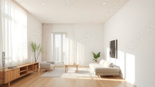 Minimalist living space with wooden accents and natural light  evoking calm and simplicity.