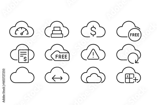 Set of 12 black outline cloud-themed icons for cloud computing and data storage