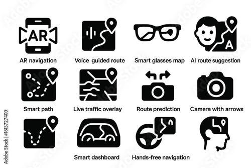 Set of 12 modern navigation technology icons in black outline style