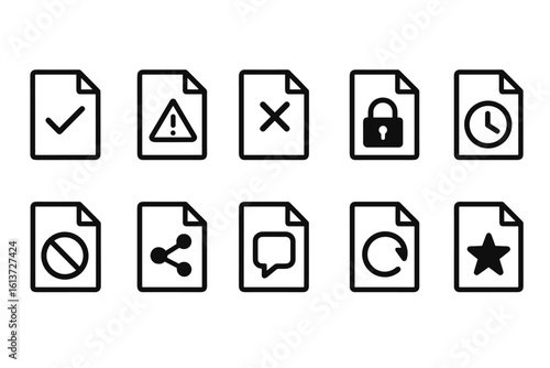 Set of black outline document icons with symbolic elements, line style