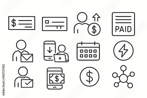 Set of 12 black and white line icons for finance and business