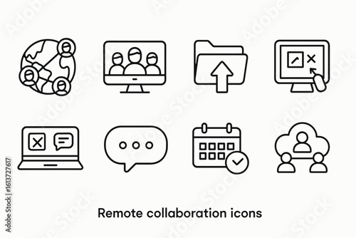 Set of black line-drawn icons for remote collaboration and virtual meetings