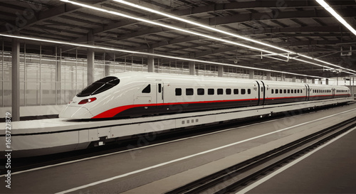 Sleek high-speed train at modern station platform, ready for departure.