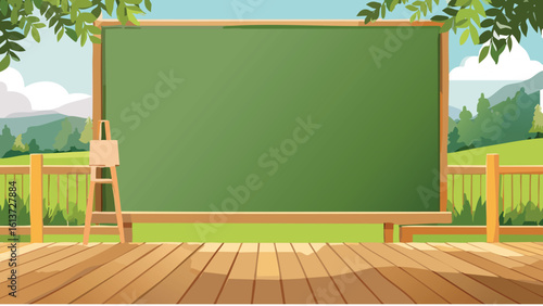 Green chalkboard featuring a scenic landscape illustration, ideal for educational visuals, nature themes, or creative classroom projects.
