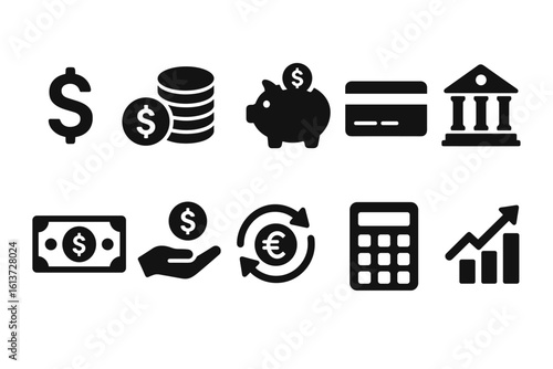 Set of black minimalist financial icons for digital interfaces and applications
