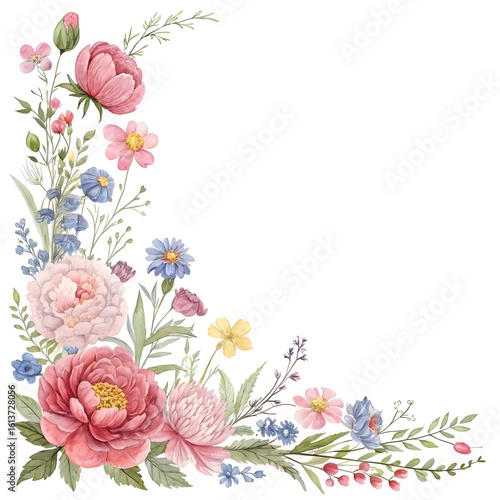 Fototapeta Naklejka Na Ścianę i Meble -  “Delicate watercolor corner floral border with pink peonies and wildflowers.”