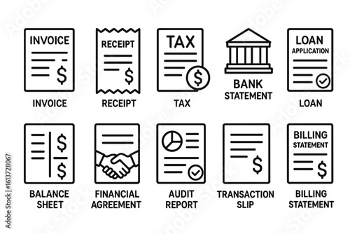 Set of black and white line icons for financial documents and transactions