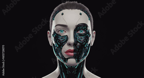 A cyborg woman's face, half human, half machine, stares directly ahead against a black background.  The intricate robotic details are highlighted.