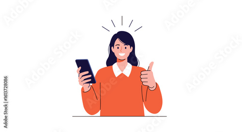 Young woman enthusiastically holding a smartphone and giving a thumbs up gesture signifying positive results and satisfaction
