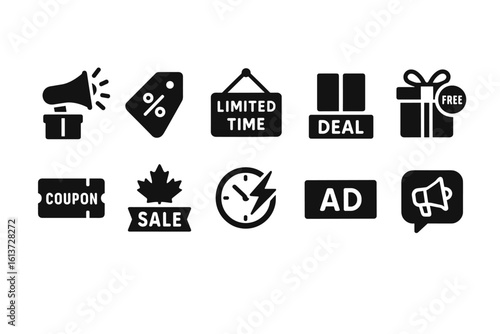 Set of black sales and promotions icons in bold line style