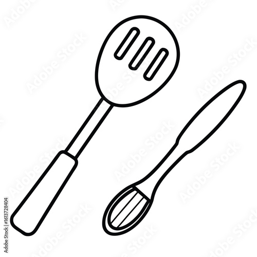 Clean line art illustration of a spoon and spatula set perfect for culinary or kitchen themed designs