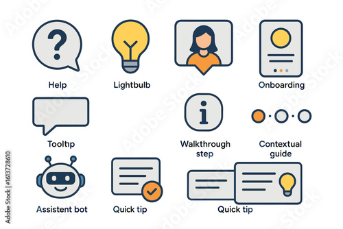 Set of colorful UI guidance icons with speech bubbles, lightbulb, onboarding card, and more, in outline style