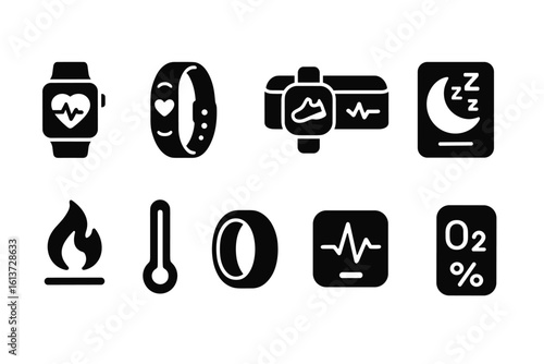 Set of minimalist health and fitness icons for wearable devices in vector style