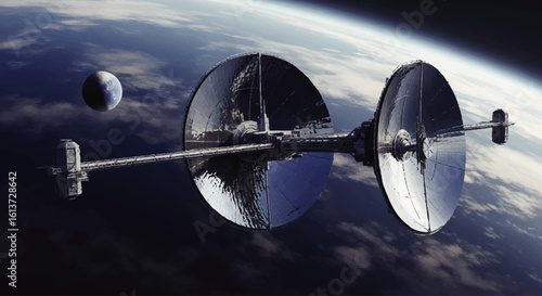 A futuristic space station orbits Earth, with a distant moon visible.