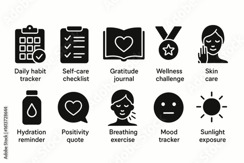 Set of black-and-white wellness and self-care icons for tracking daily habits, self-care checklist, gratitude journal, and more
