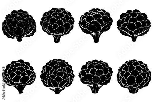 Eight black artichoke silhouettes arranged in two rows on a white background vector illustration