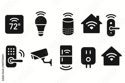 Set of black smart home devices icons with wireless connectivity signals, line style