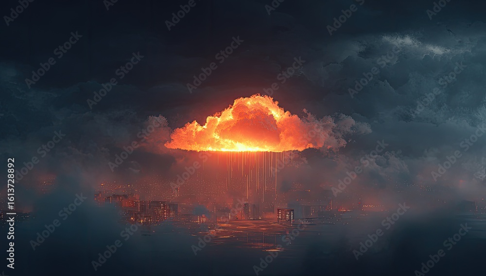Naklejka premium Fiery cloud over a city at night