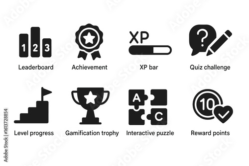 Set of black gamification icons in line style for achievements and rewards