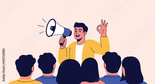 A dynamic speaker addresses an attentive audience with a megaphone promoting a powerful message and gesturing positively