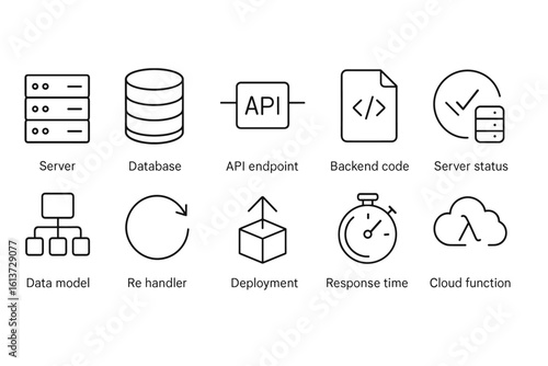 Set of black line technology icons for servers, databases, APIs and more