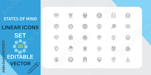 Thirty editable vector linear icons depicting various states of mind, emotions, and feelings. 