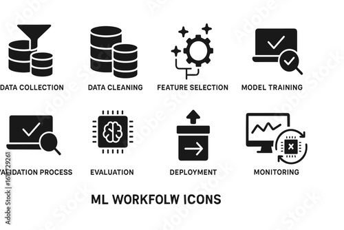 Collection of black and white icons for machine learning workflow in modern vector style