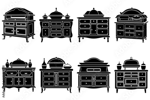 Illustration showing eight different styles of antique cabinets and sideboards in black and white silhouette