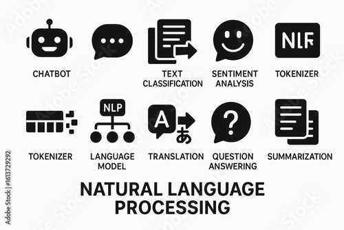 Set of black silhouette icons for Natural Language Processing tasks