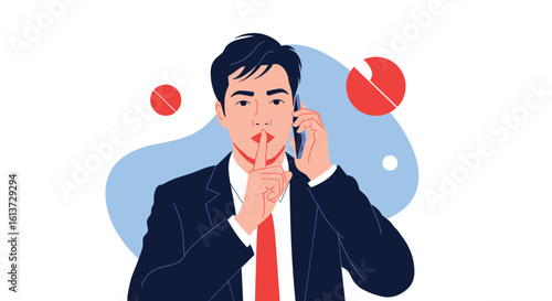 Business man speaking secretively on the phone with a finger on his lips indicating silence and confidentiality