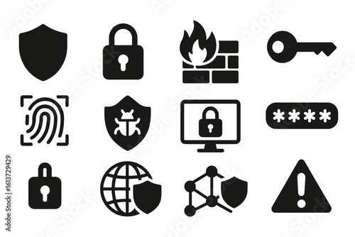 Set of black security icons depicting protection and cybersecurity in glyph style