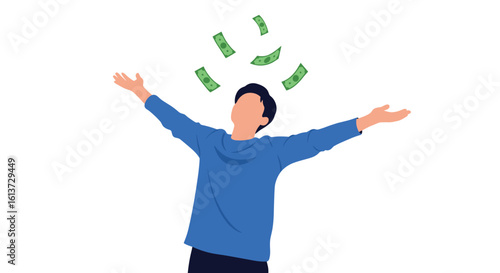 A man celebrating his newfound wealth tossing money into the air with joy and excitement
