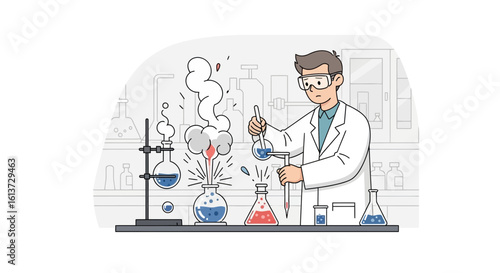 Explosive Chemistry Reaction in Modern Laboratory – Male Scientist Cartoon Vector

