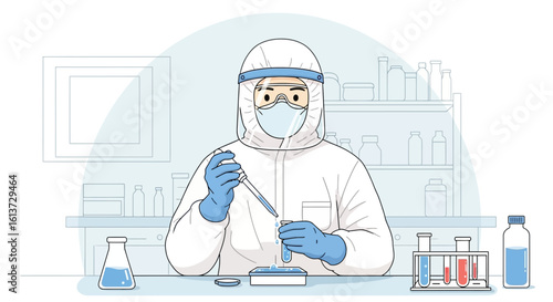 Cartoon Virologist in Hazmat Suit Pipetting in Lab – Modern Pandemic Vector


