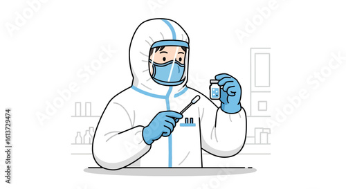 Scientist in Hazmat with Swab and Virus Sample – Diagnostic Lab Cartoon


