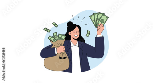 Successful businesswoman celebrates wealth and financial prosperity holding a money bag and fanned bills happily