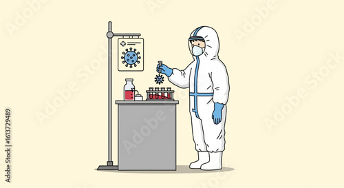 Virologist in Hazmat Suit with Virus Samples – Pandemic Science Vector

