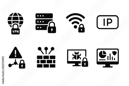 Set of black and white cybersecurity icons for VPN, server protection, Wi-Fi security, IP addresses, network alerts, firewall, virus protection, and data analysis