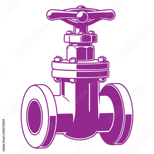 A detailed purple silhouette illustration of a flanged globe valve on a white background