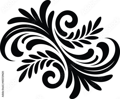 Elegant black swirls and flourish curved scroll ornate decorative design element, Abstract Tribal Style Motifs ornament isolated on transparent background

