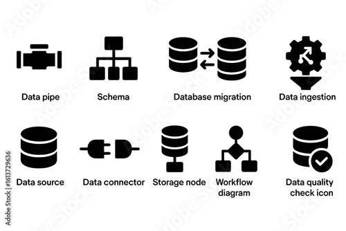 Set of black icons for data management and workflow systems