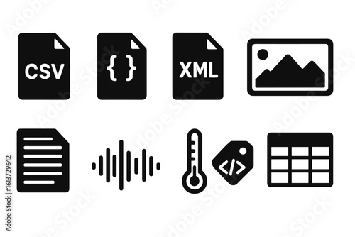 Set of black flat data file format icons in line style