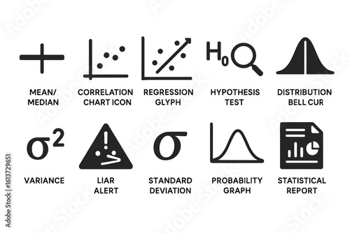Set of black and white statistical icons for education and analysis