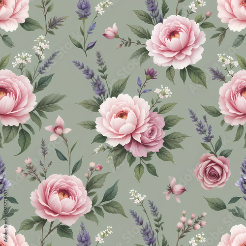 Elegant Floral Seamless Pattern with Pink Peony on Green Background