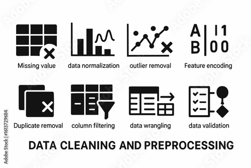 Set of Data Cleaning and Preprocessing Icons in Line Style