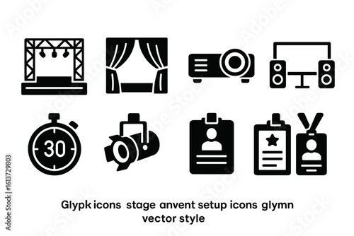 Set of black glyph-style icons depicting stage and event setup