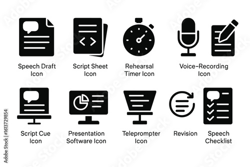 Set of black minimalist speech and presentation icons for preparation and rehearsal