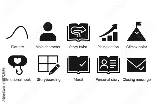 Collection of storytelling and narrative structure icons in black line style